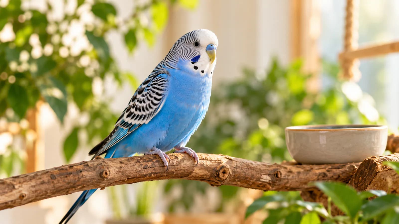 مرغ عشق آبی روی شاخهٔ طبیعی کنار ظرف خوراک در محیطی روشن و آرام